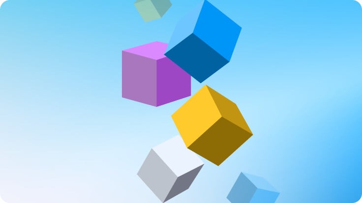 Abstract floating cubes in multiple colors representing modular domain building blocks.