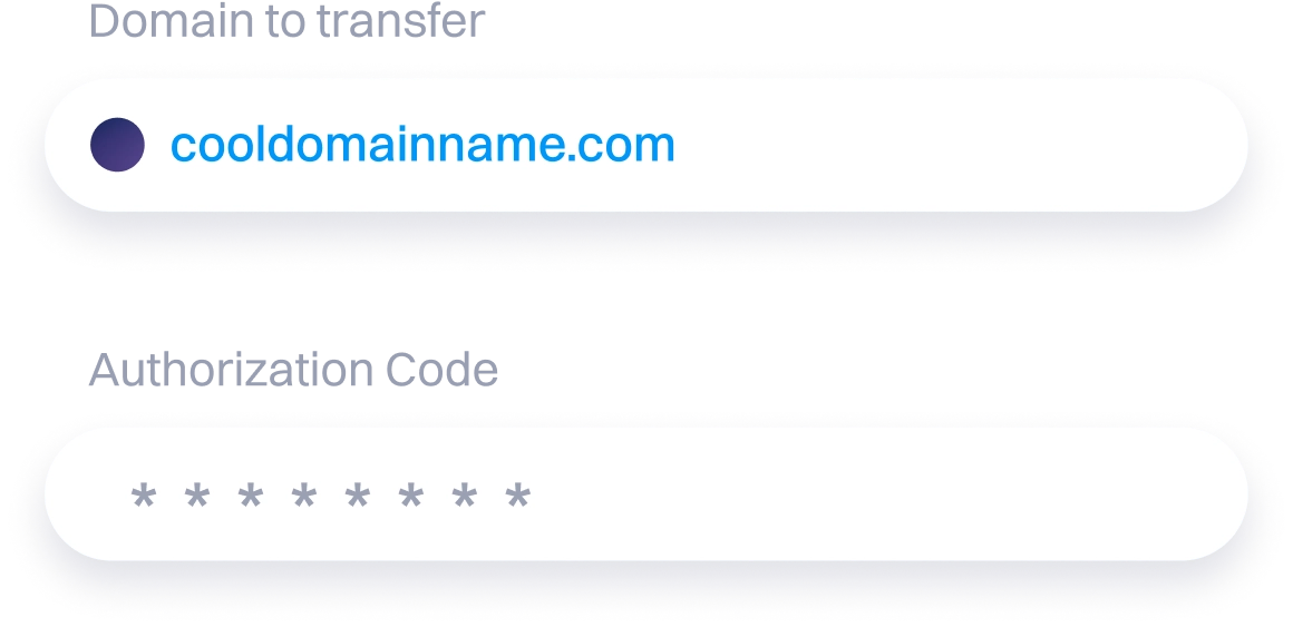 Graphic showing two form fields for a domain transfer: one labeled “Domain to transfer” with cooldomainname.com, and one labeled “Authorization Code” with the code masked by asterisks.