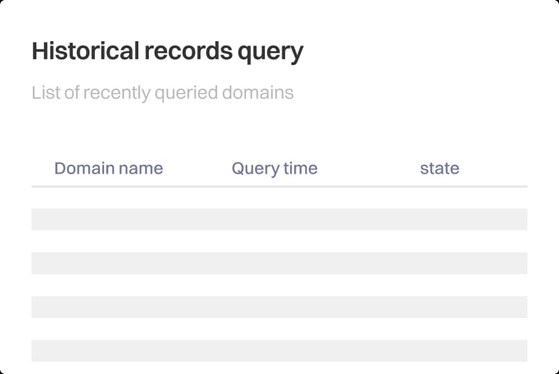 A simple UI graphic titled “Historical records query” showing a blank table with column headers Domain name, Query time, and state, representing a list of recently looked-up domains in a WHOIS history or query log.