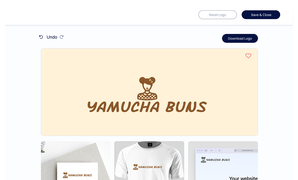 Screenshot of the Dynadot logo builder preview showing a completed logo design with the text “YAMUCHA BUNS” and a stylized character icon on a light background, along with interface controls for undoing changes, downloading the logo, saving, or resetting the design, and mockups displaying how the logo appears on merchandise and a website.