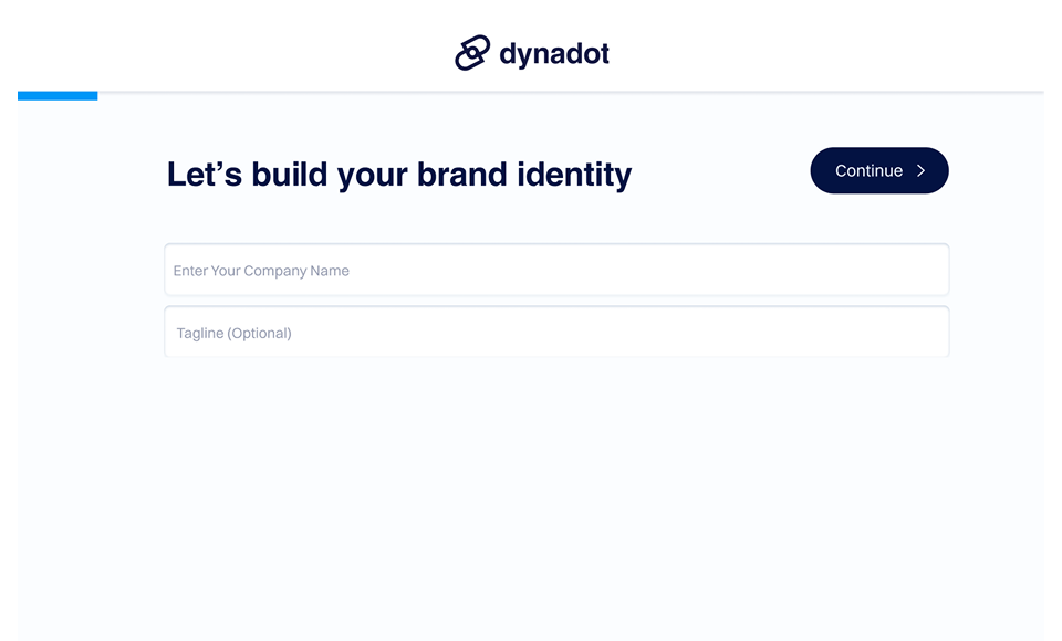 Screenshot of the Dynadot logo builder interface prompting users to “Let’s build your brand identity,” with input fields for company name and optional tagline and a “Continue” button at the top.