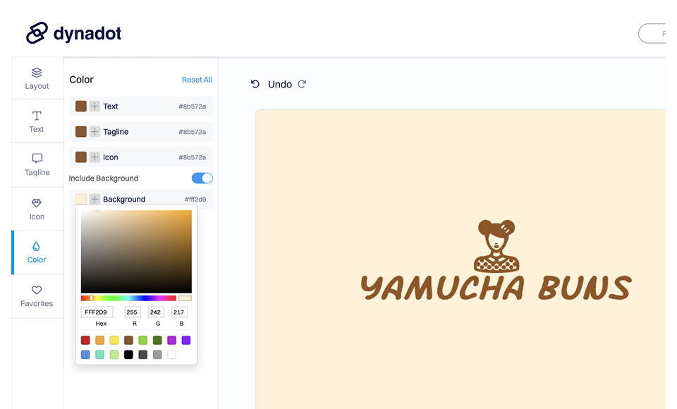 Screenshot of the Dynadot logo builder editor showing color customization options on the left, including text, tagline, icon, and background color pickers, with a logo preview on the right displaying the brand name “YAMUCHA BUNS” and a stylized character icon on a light background.