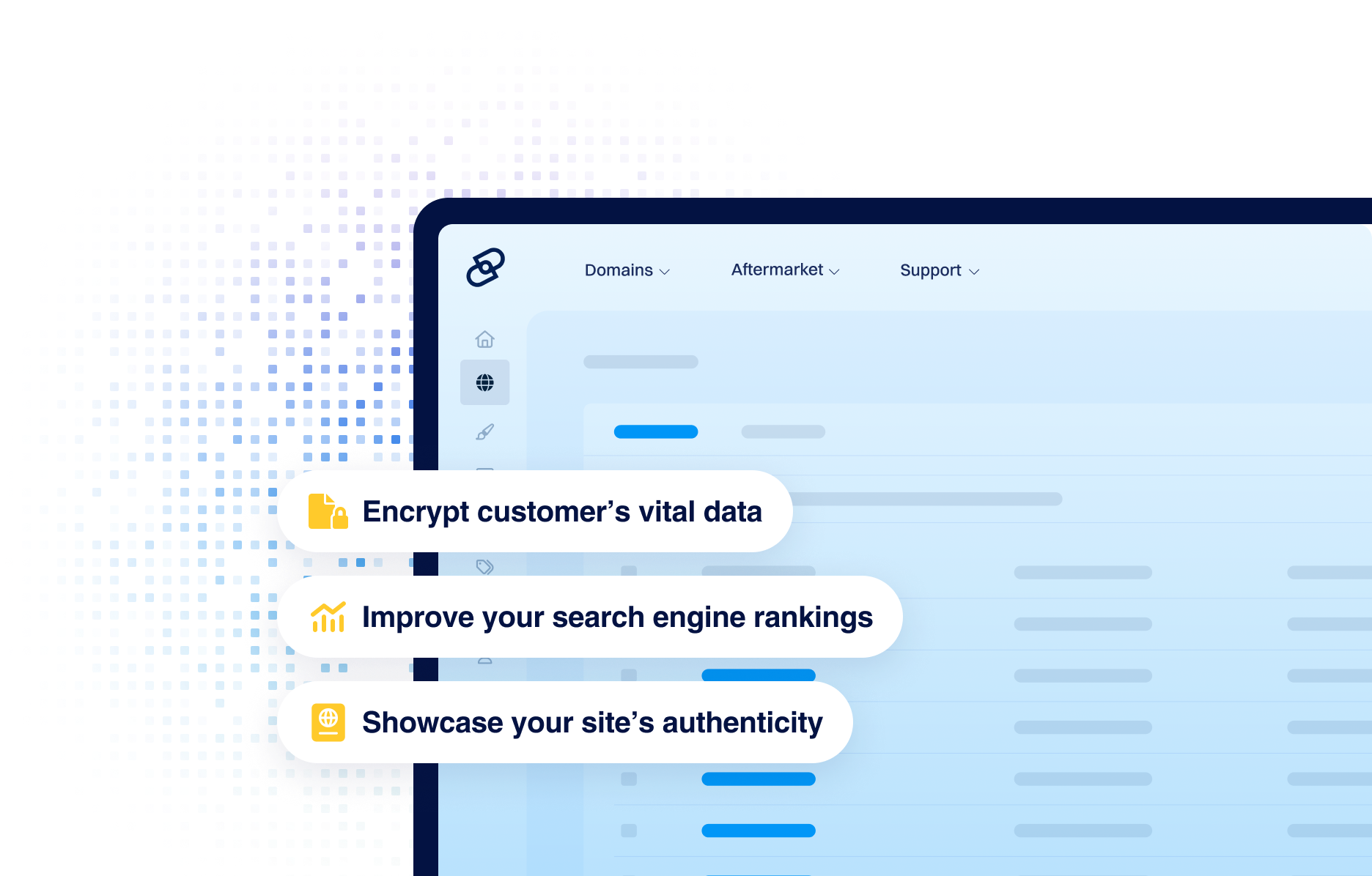 Illustration of a Dynadot web dashboard interface with highlighted callouts emphasizing website security and trust benefits, including icons and text reading “Encrypt customer’s vital data,” “Improve your search engine rankings,” and “Showcase your site’s authenticity,” displayed alongside a stylized admin panel background.