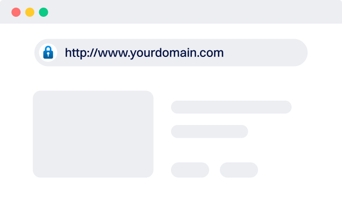 Browser window mockup showing a website with a secure address bar, lock icon, and example URL “http://www.yourdomain.com,” with placeholder content blocks representing a secured webpage layout.