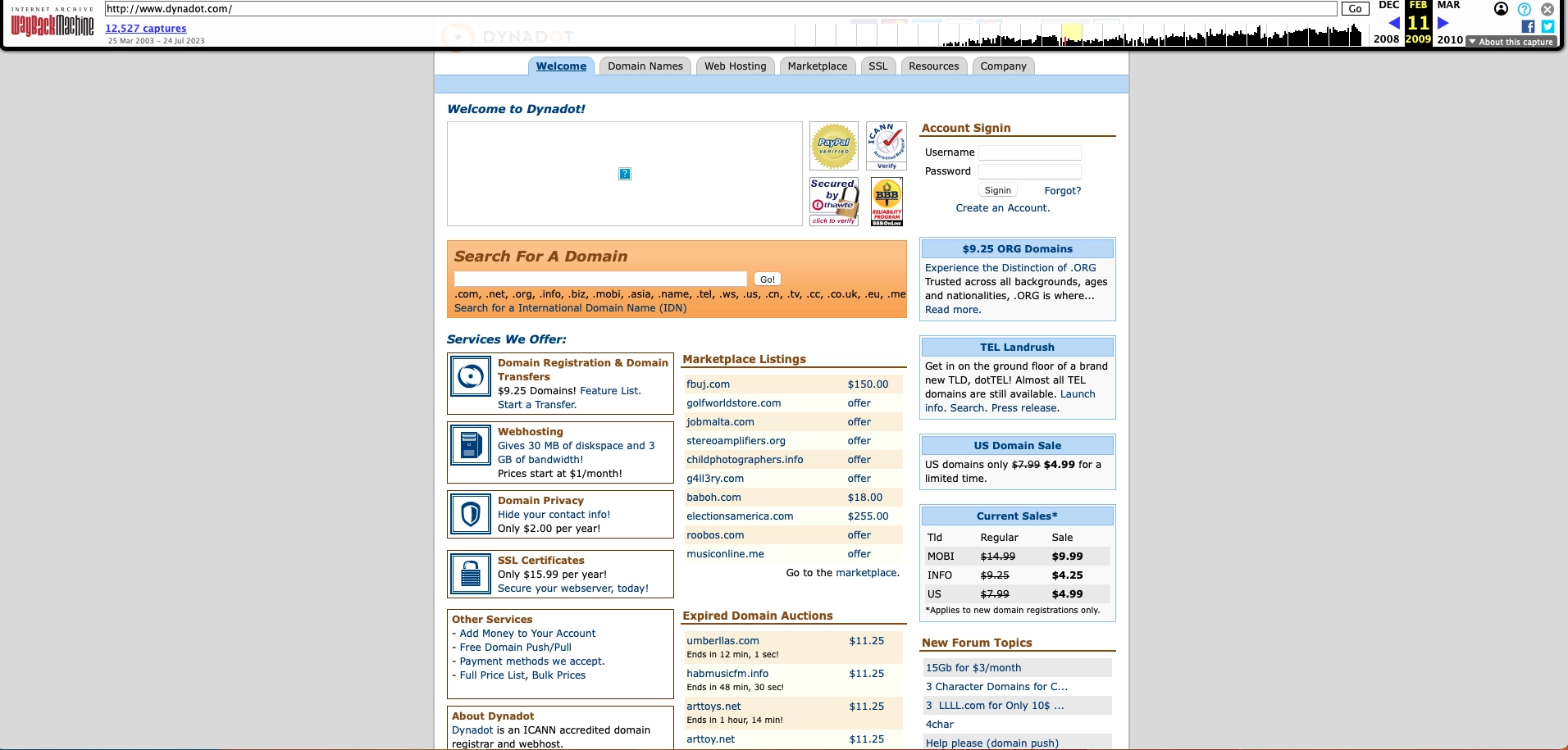 Screenshot of dynadot.com on February 11th 2009