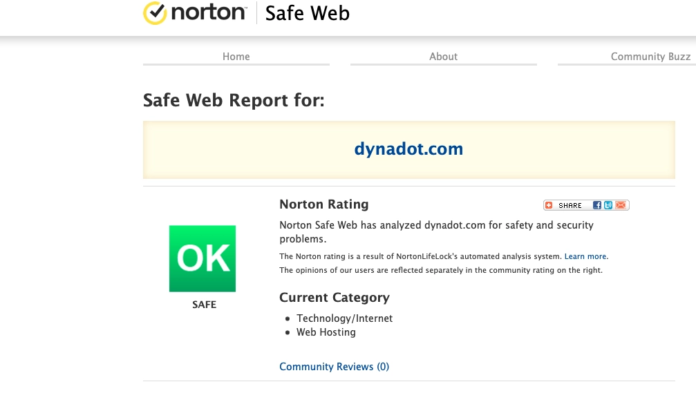 Screenshot of NortonSafe website for dynadot.com