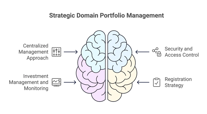 An illustration titled ‘Strategic Domain Portfolio Management’ features a brain at the center, representing a thoughtful approach. Four key strategies are highlighted with icons: ‘Centralized Management Approach’ (adjustment sliders), ‘Investment Management and Monitoring’ (graph with a dollar sign), ‘Security and Access Control’ (lock and network), and ‘Registration Strategy’ (clipboard with a checkmark).