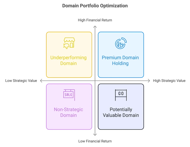 A graph titled "Domain Portfolio Optimization" shows a link. It is a quadrant graph. It plots financial return against strategic value.  It has four sections: "Underperforming Domain" (top left, yellow, shop icon) "Premium Domain Holding" (top right, blue, financial chart icon) "Non-Strategic Domain" (bottom left, purple, 'for sale' sign icon) "Potentially Valuable Domain" (bottom right, light blue, 'GO' sign icon).  Arrows indicate movement toward high-value optimization.