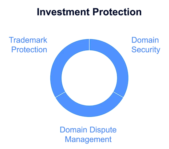 An infographic named "Investment Protection" displays a circular diagram. It's split into three parts: "Trademark Protection" on the left, "Domain Security" on the right, and "Domain Dispute Management" at the bottom. A blue ring highlights how these elements work together to protect domain investments.