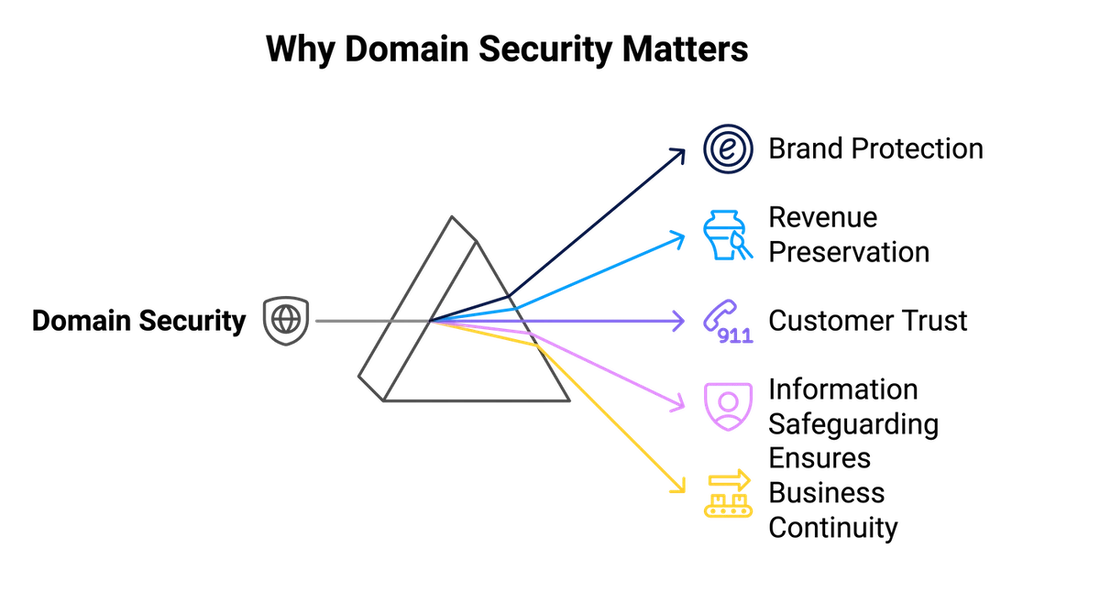 Diagram titled ‘Why Domain Security Matters,’ illustrating how domain security ensures ‘Brand Protection,’ ‘Revenue Preservation,’ ‘Customer Trust,’ ‘Information Safeguarding,’ and ‘Ensures Business Continuity,’ with arrows connecting these concepts to a central domain security symbol.