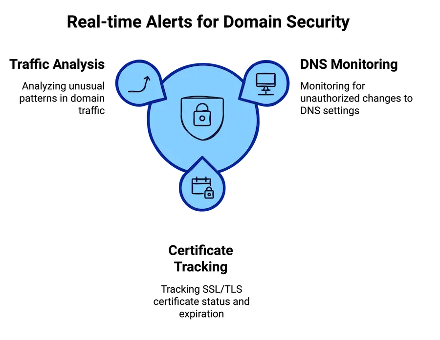 The diagram titled ‘Real-time Alerts for Domain Security’ illustrates three key components: ‘Traffic Analysis,’ focusing on analyzing unusual patterns in domain traffic; ‘DNS Monitoring,’ which tracks unauthorized changes to DNS settings; and ‘Certificate Tracking,’ monitoring SSL/TLS certificate status and expiration, all centered around a shield icon symbolizing security.