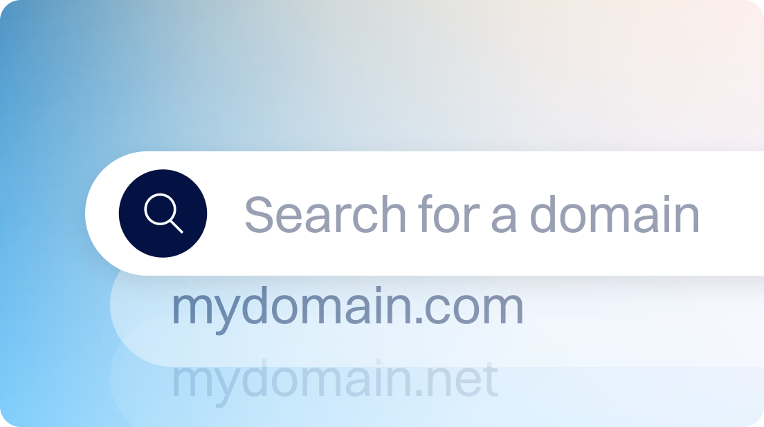 Illustration of a domain search bar with a magnifying glass icon and the text “Search for a domain,” showing example domain suggestions like mydomain.com and mydomain.net beneath it.