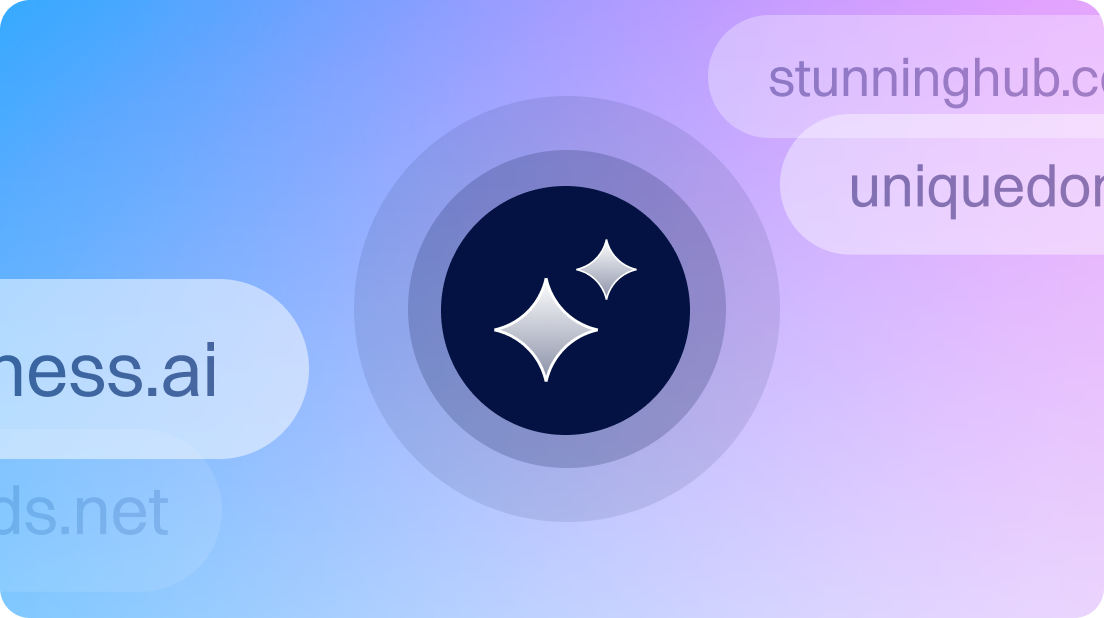 Illustration featuring a central sparkle/star icon inside concentric circles, surrounded by softly blurred domain name suggestions on a gradient background, representing discovering unique or standout domain name ideas.