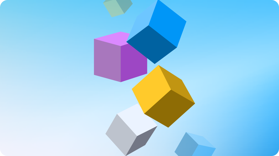 Abstract illustration of floating colorful cubes on a blue gradient background, representing modular building blocks or components used to create and customize domain-related tools or services.