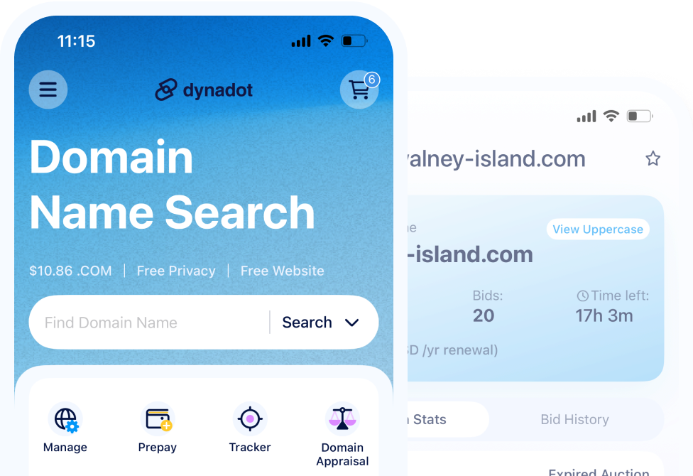 two smartphones displaying Dynadot app domain search and the Dynadot aftermarket